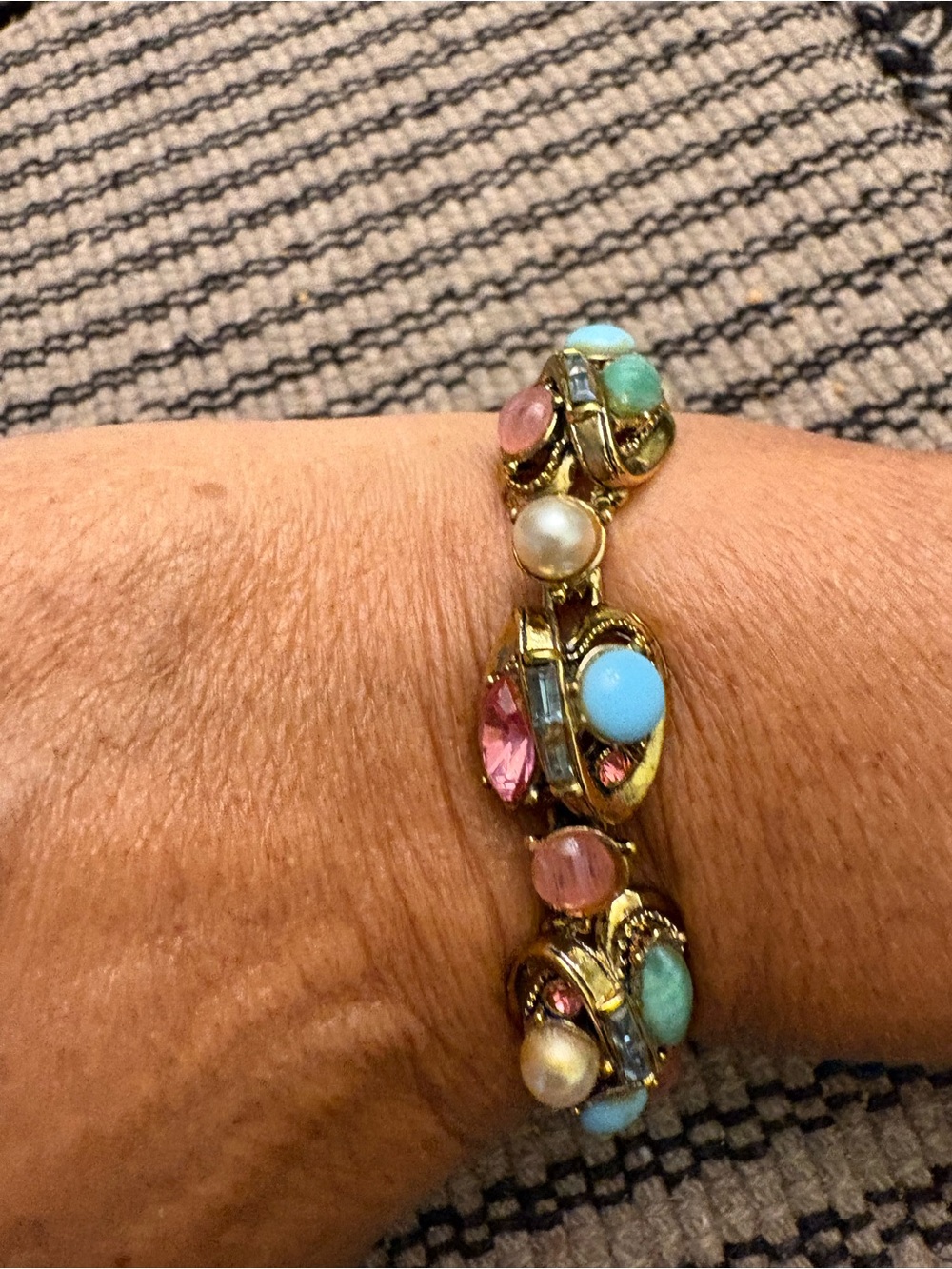 Gold-Tone Bracelet with Pink, Blue, Green and Pearl Accents